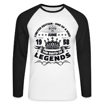 Légendes Juin 1958 Millésime 1958 Anniversaire Juin - T-shirt baseball manches longues Homme - blanc/noir - Devant - Nik (191cm)