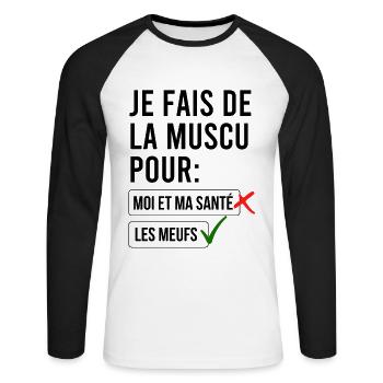Je fais de la muscu pour les meufs - T-shirt baseball manches longues Homme - blanc/noir - Devant - Nik (191cm)