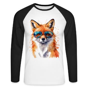 Fuchs Sonnenbrille Bunt Tier Design Print - Unisex Baseballshirt langarm - Weiß/Schwarz - Vorne - Nik (191cm)