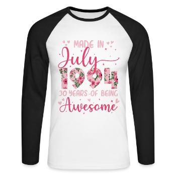 Juli 1994 Geschenk zum 30-jährigen Jubiläum für Frauen - Unisex Baseballshirt langarm - Weiß/Schwarz - Vorne - Nik (191cm)