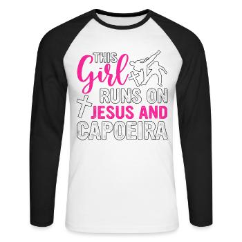 This Girl runs on Jesus and Capoeira - Unisex Long Sleeve Baseball T-Shirt - white/black - Front - Nik (191cm)