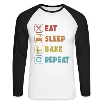 Mangez, dormez, faites cuire la pâte à pain Repeat, machine à pain - T-shirt baseball manches longues Homme - blanc/noir - Devant - Nik (191cm)