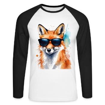 Fuchs Sonnenbrille Bunt Tier Design Print - Unisex Baseballshirt langarm - Weiß/Schwarz - Vorne - Nik (191cm)