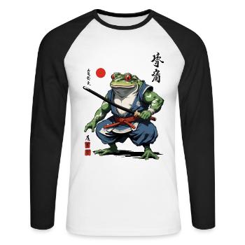 Samouraï grenouille Vintage Ukiyo-e Style Artwork - T-shirt baseball manches longues Homme - blanc/noir - Devant - Nik (191cm)