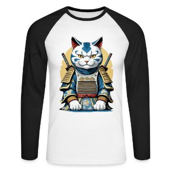 Samurai Katze Japanisches Samurai Kunstwerk Design - Unisex Baseballshirt langarm - Weiß/Schwarz - Vorne - Nik (191cm)