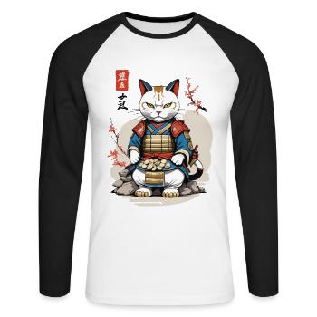 Chat samouraï dans le style Ukiyo-E asiatique - T-shirt baseball manches longues Homme - blanc/noir - Devant - Nik (191cm)
