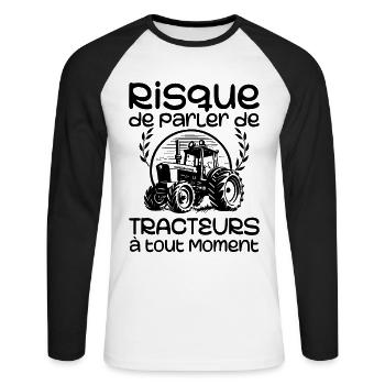Risk of talking about tractors at any time - Unisex Long Sleeve Baseball T-Shirt - white/black - Front - Nik (191cm)