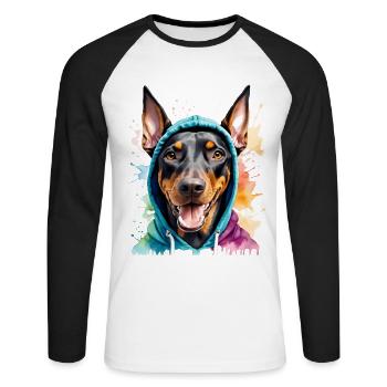 Dobermann Hoodie Hund Bunt Lustig Tier Print - Unisex Baseballshirt langarm - Weiß/Schwarz - Vorne - Nik (191cm)