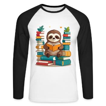 Funny Book Lover Sloth Cute Design - Unisex Long Sleeve Baseball T-Shirt - white/black - Front - Nik (191cm)