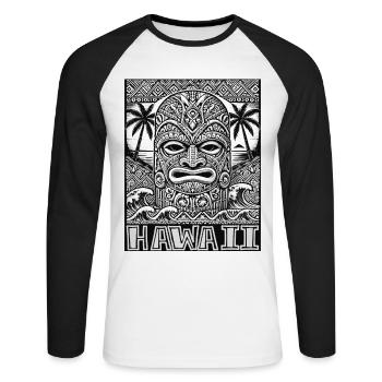 Hawaiianische Tiki Maske - Polynesisches Kulturdesign - Unisex Baseballshirt langarm - Weiß/Schwarz - Vorne - Nik (191cm)