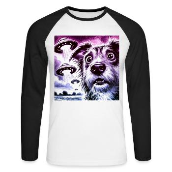UFO Encounter Shocked Dog & Alien Invasion Design - Unisex Long Sleeve Baseball T-Shirt - white/black - Front - Nik (191cm)
