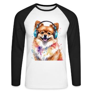 Casque de Poméranie Chien Imprimé - T-shirt baseball manches longues Homme - blanc/noir - Devant - Nik (191cm)