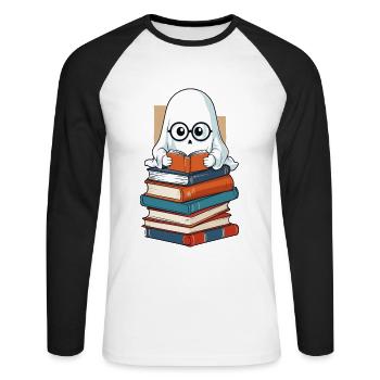 Book Lover Style Reading Halloween Ghost - Unisex Long Sleeve Baseball T-Shirt - white/black - Front - Nik (191cm)