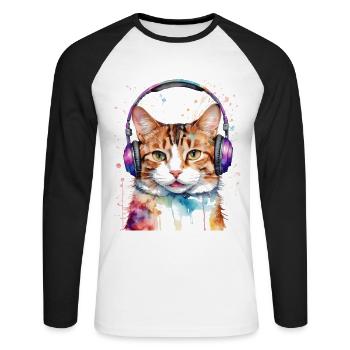 Casque de chat coloré drôle animal design imprimé - T-shirt baseball manches longues Homme - blanc/noir - Devant - Nik (191cm)