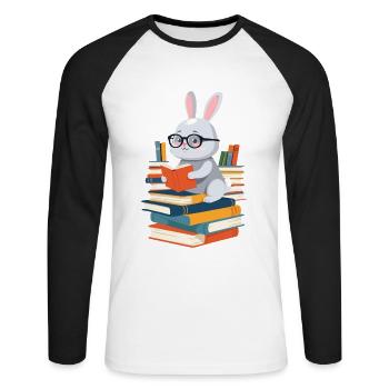 Lesender Hase Begeisterter Buchliebhaber - Unisex Baseballshirt langarm - Weiß/Schwarz - Vorne - Nik (191cm)