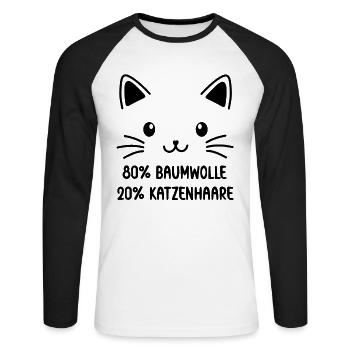 Katzen Gesicht 80% Baumwolle und 20% Katzenhaare - Unisex Baseballshirt langarm - Weiß/Schwarz - Vorne - Nik (191cm)