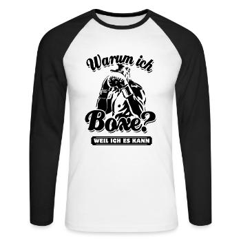 Warum ich Boxe? Weil ich es kann - Spruch - Unisex Baseballshirt langarm - Weiß/Schwarz - Vorne - Nik (191cm)