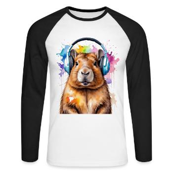 Capybara Kopfhörer Capy Bunt Tier Design Print - Unisex Baseballshirt langarm - Weiß/Schwarz - Vorne - Nik (191cm)