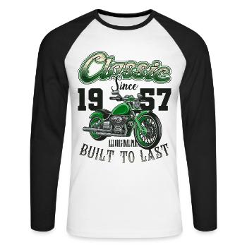 Moto Motard Moto Anniversaire Né En 1957 - T-shirt baseball manches longues Homme - blanc/noir - Devant - Nik (191cm)