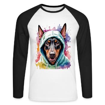 Dobermann Hoodie Hund Bunt Lustig Tier Print - Unisex Baseballshirt langarm - Weiß/Schwarz - Vorne - Nik (191cm)