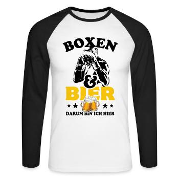 Boxen und Bier, darum bin ich hier - Spruch - Unisex Baseballshirt langarm - Weiß/Schwarz - Vorne - Nik (191cm)
