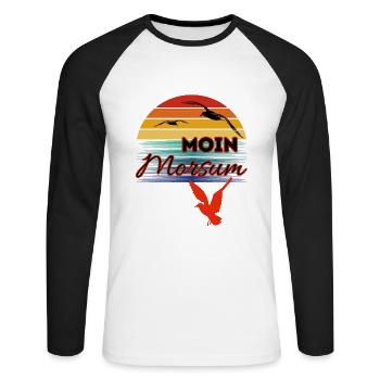Moin Morsum mit Möwe im Retro Style-Sylt-Morsum - Unisex Baseballshirt langarm - Weiß/Schwarz - Vorne - Nik (191cm)