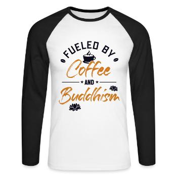 Alimenté par le café et le bouddhisme Statue bouddhiste - T-shirt baseball manches longues Homme - blanc/noir - Devant - Nik (191cm)