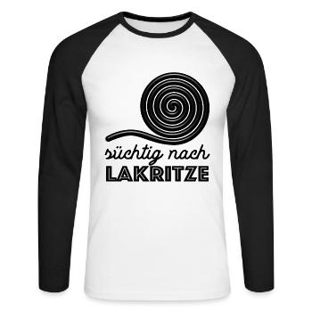Süchtig nach Lakritze, naschen - Spruch - Unisex Baseballshirt langarm - Weiß/Schwarz - Vorne - Nik (191cm)