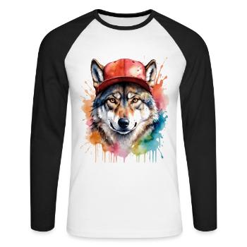 Wolf Snapback Cap Colorful Animal Design Print - Unisex Long Sleeve Baseball T-Shirt - white/black - Front - Nik (191cm)