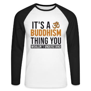 Es ist ein buddhistisches Statuensymbol aus dem Buddhismus - Unisex Baseballshirt langarm - Weiß/Schwarz - Vorne - Nik (191cm)