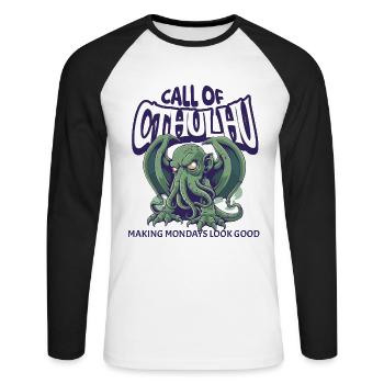 Call of Cthulhu Kult Lovecraft Necronomicon - Unisex Baseballshirt langarm - Weiß/Schwarz - Vorne - Nik (191cm)