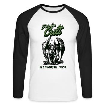 Join the Cult Cthulhu Kult Lovecraft Necronomicon - Unisex Baseballshirt langarm - Weiß/Schwarz - Vorne - Nik (191cm)