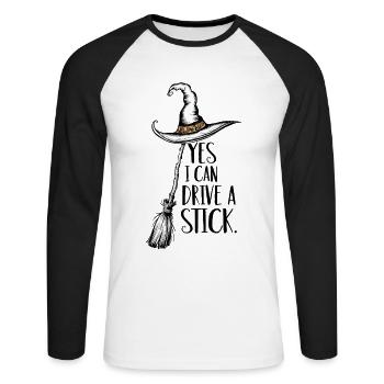 Lustiger Halloween Spruch Yes I can drive a stick - Unisex Baseballshirt langarm - Weiß/Schwarz - Vorne - Nik (191cm)