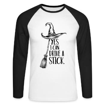 Lustiger Halloween Spruch Yes I can drive a stick - Unisex Baseballshirt langarm - Weiß/Schwarz - Vorne - Nik (191cm)