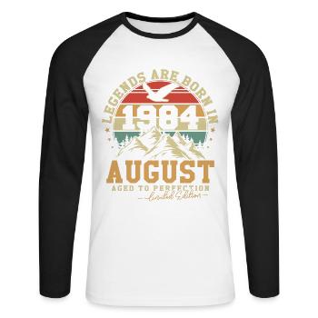 Août 1984 Vintage Rétro Anniversaire 1984 Cadeau - T-shirt baseball manches longues Homme - blanc/noir - Devant - Nik (191cm)