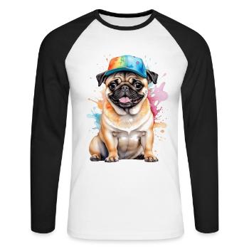 Carlin Snapback Cap Chien Coloré Drôle Design Imprimer - T-shirt baseball manches longues Homme - blanc/noir - Devant - Nik (191cm)