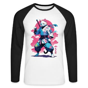 Samurai Cat Vaporwave Aesthetic Design - Unisex Long Sleeve Baseball T-Shirt - white/black - Front - Nik (191cm)