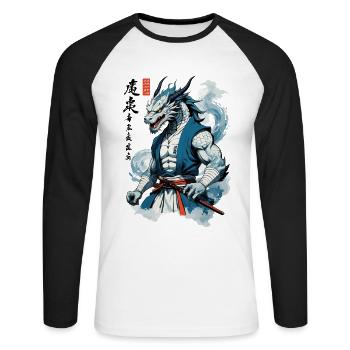 Dragon Samouraï Vintage Ukiyo-e Style Asiatique - T-shirt baseball manches longues Homme - blanc/noir - Devant - Nik (191cm)