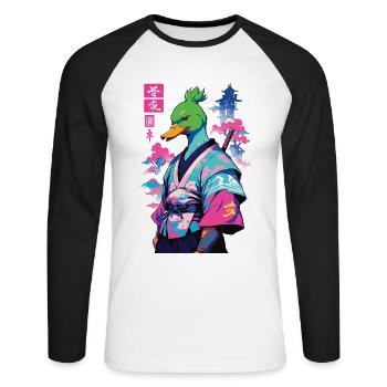 Samurai Duck dans le style esthétique Vaporwave - T-shirt baseball manches longues Homme - blanc/noir - Devant - Nik (191cm)
