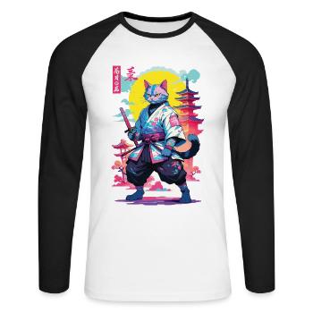 Samurai Cat Vaporwave Aesthetic Design - Unisex Long Sleeve Baseball T-Shirt - white/black - Front - Nik (191cm)