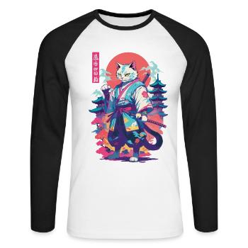 Samurai Katze Vaporwave Aesthetic Japan Kunst - Unisex Baseballshirt langarm - Weiß/Schwarz - Vorne - Nik (191cm)