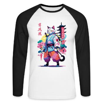 Chat samouraï Vaporwave Esthétique - T-shirt baseball manches longues Homme - blanc/noir - Devant - Nik (191cm)