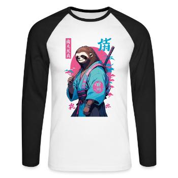 Samurai Sloth Aesthetic Vaporwave Style - Unisex Long Sleeve Baseball T-Shirt - white/black - Front - Nik (191cm)