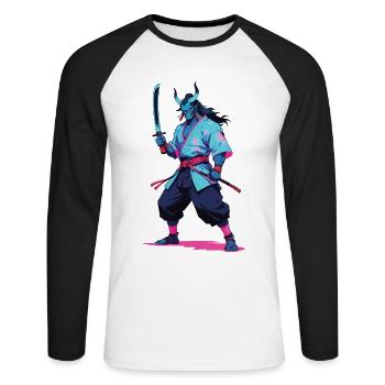 Samouraï Oni Yokai Esthétique Style Vaporwave - T-shirt baseball manches longues Homme - blanc/noir - Devant - Nik (191cm)