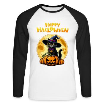 Happy Halloween Kürbis Katze Vollmond Niedlich Fun - Unisex Baseballshirt langarm - Weiß/Schwarz - Vorne - Nik (191cm)