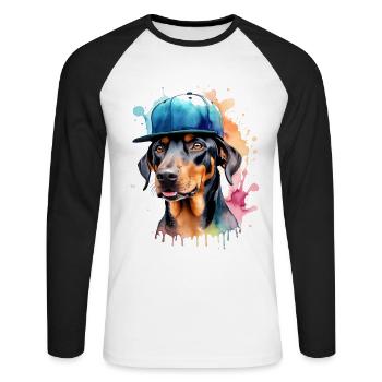 Doberman Snapback Cap Dog Funny Design Print - Unisex Long Sleeve Baseball T-Shirt - white/black - Front - Nik (191cm)
