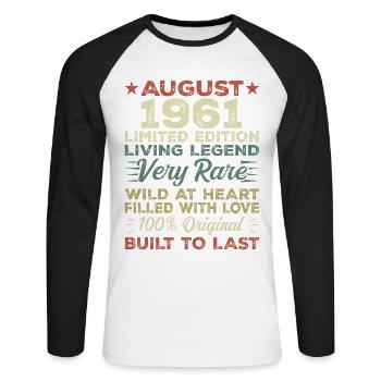 August 1961 - Geschenkidee Für August 1961 - 1961 - Unisex Baseballshirt langarm - Weiß/Schwarz - Vorne - Nik (191cm)