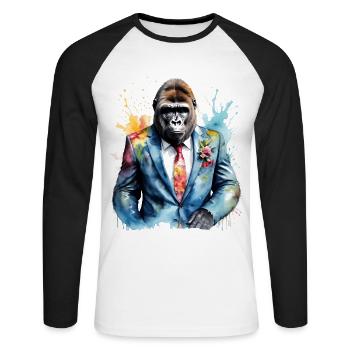 Gorilla Anzug Affe Bunt Tier Design Print - Unisex Baseballshirt langarm - Weiß/Schwarz - Vorne - Nik (191cm)