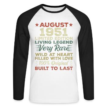 August 1951 - Gift idea for August 1951 - 1951 - Unisex Long Sleeve Baseball T-Shirt - white/black - Front - Nik (191cm)