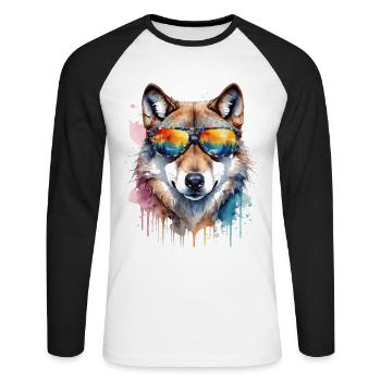 Wolf Sunglasses Colorful Animal Design Print - Unisex Long Sleeve Baseball T-Shirt - white/black - Front - Nik (191cm)